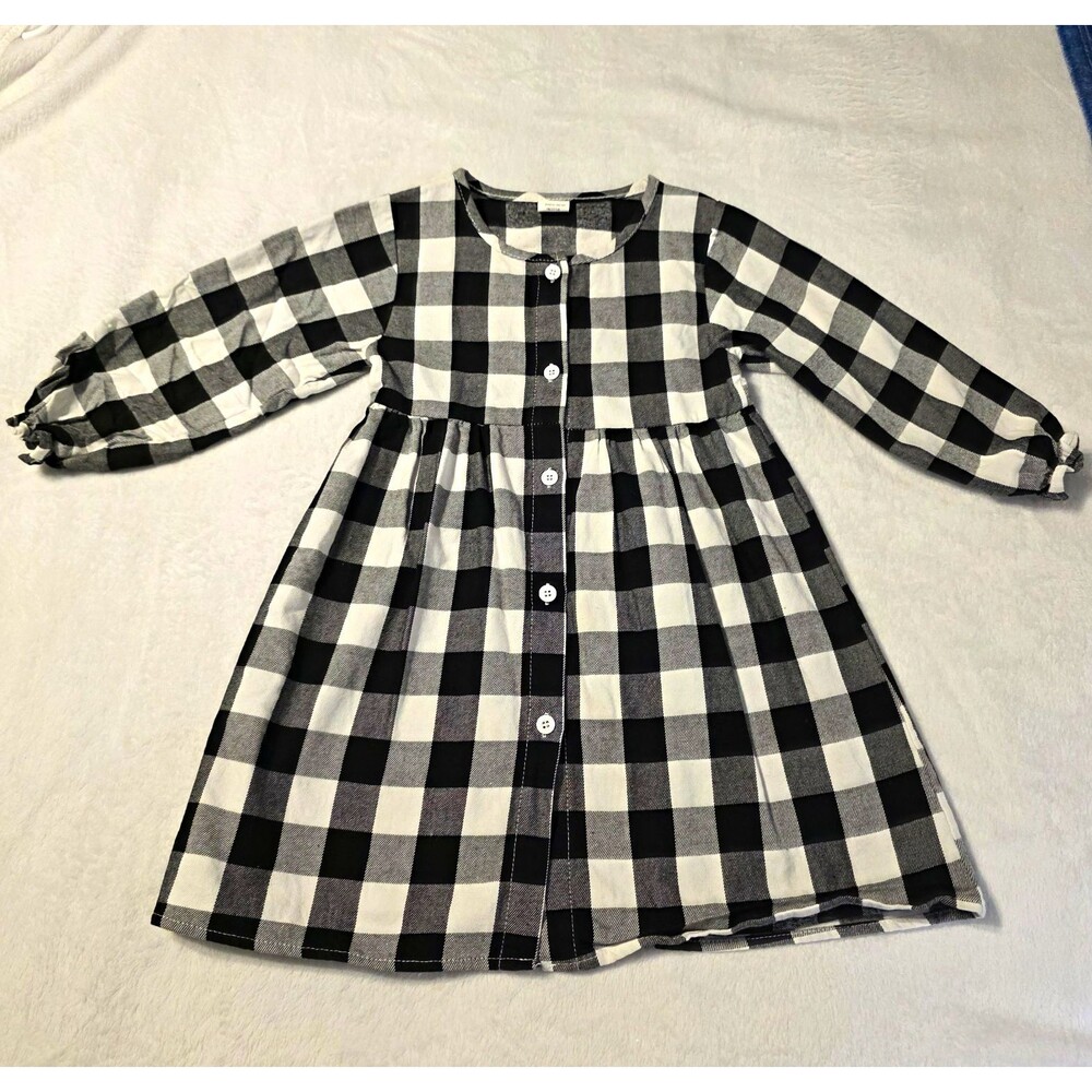 KYMIDY Girls Size 6 Black & White Plaid A-Line Knee Dress Long Sleeve Button
